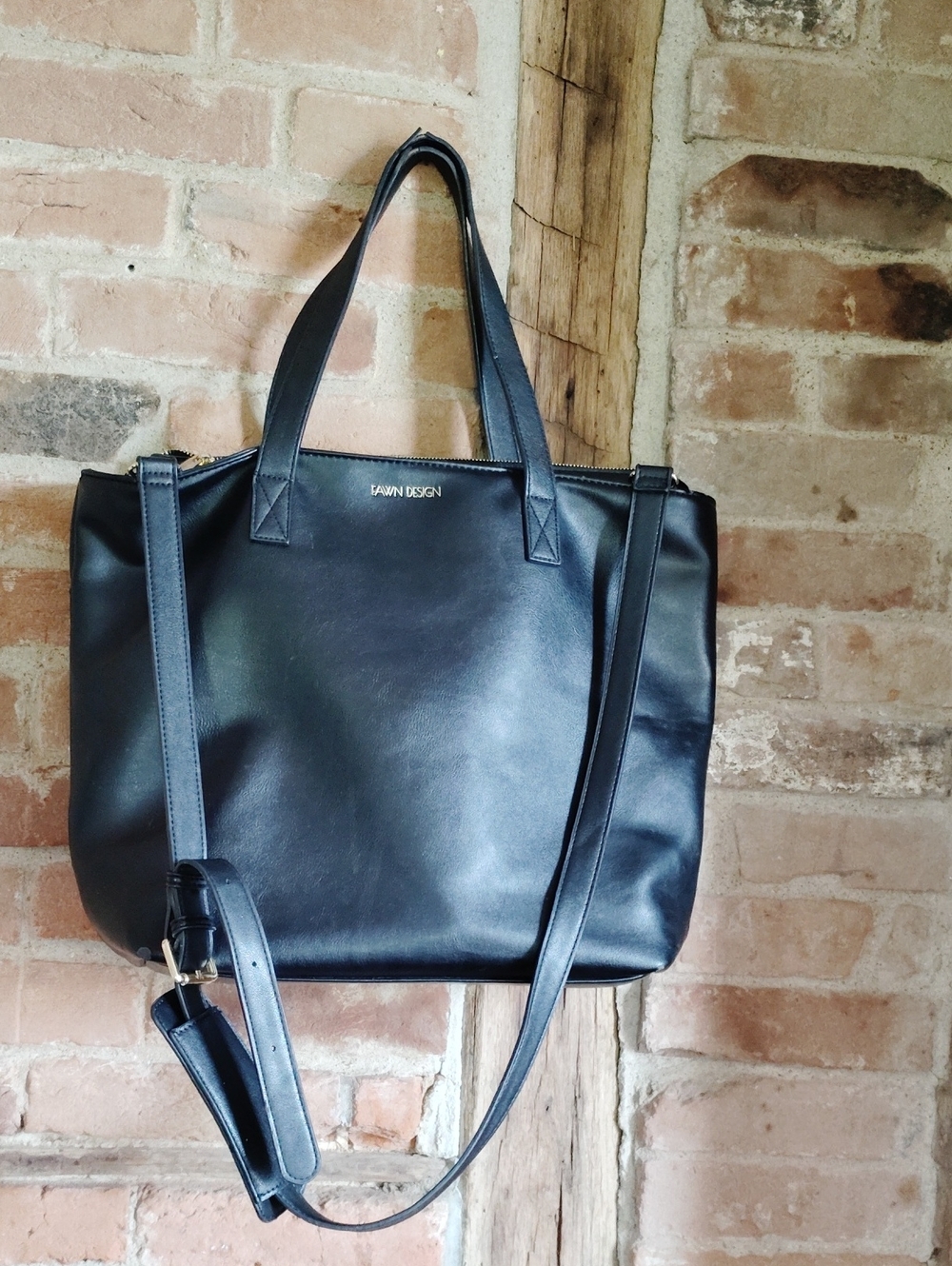 Fawn Design Large Black Leather Tote with Removable Shoulder Strap Gold Hardware